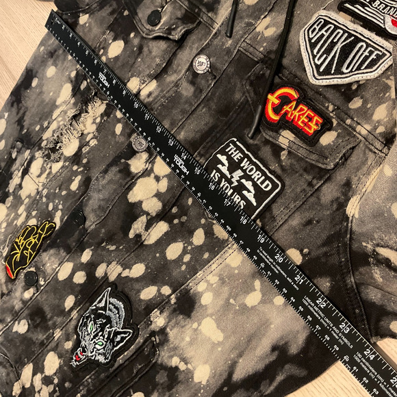 Reason NYC Moto Hooded Denim Jacket Mens XL Distressed Bleach Splatter Patches - Picture 15 of 16